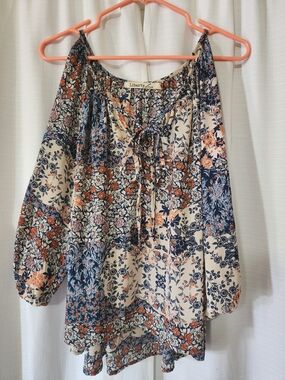 Liberty Love Cream Floral Peasant Top with Navy & Rust Accents